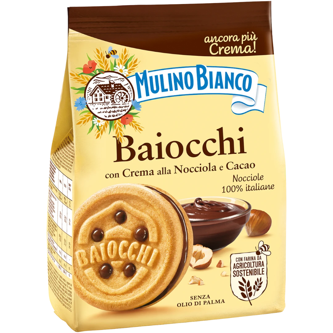 Mulino Bianco Baiocchi Hazelnut & Chocolate Creme Sandwich Biscuits (Italy) - 9.17oz (260g) 3 Mulino Bianco Baiocchi Hazelnut & Chocolate Creme Sandwich Biscuits (Italy) - 9.17oz (260g)