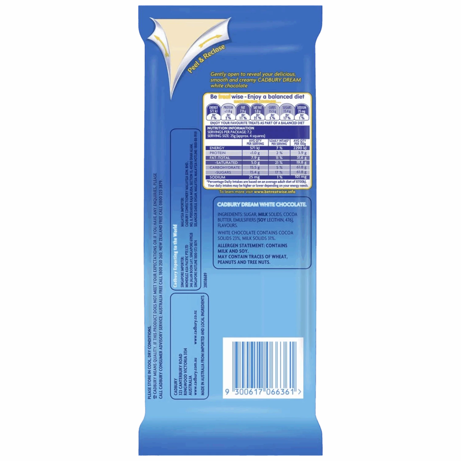 Cadbury Dream White Chocolate Bar (Australia) - 6.3oz (180g) 4 Cadbury Dream White Chocolate Bar (Australia) - 6.3oz (180g) - Image 2