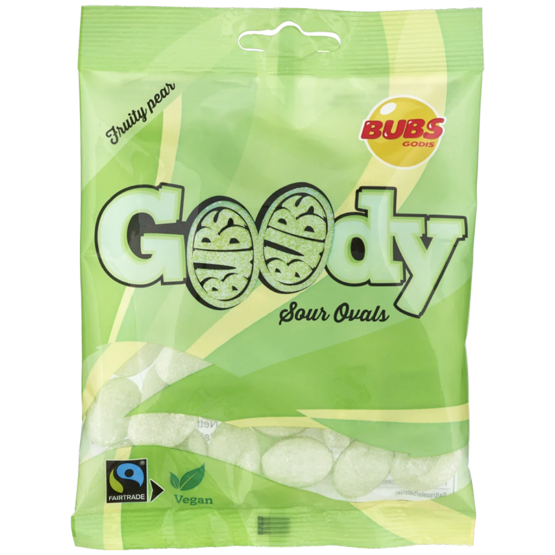BUBS GOODY Fruity Pear Sour Ovals Peg Bag (Sweden) - 3.17oz (90g) 3 BUBS GOODY Fruity Pear Sour Ovals Peg Bag (Sweden) - 3.17oz (90g)